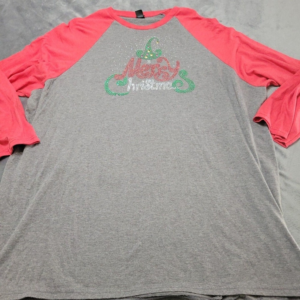 District Made Shirt Womens 4XL Grey Pullover Red Grey Stretch Merry Christmas